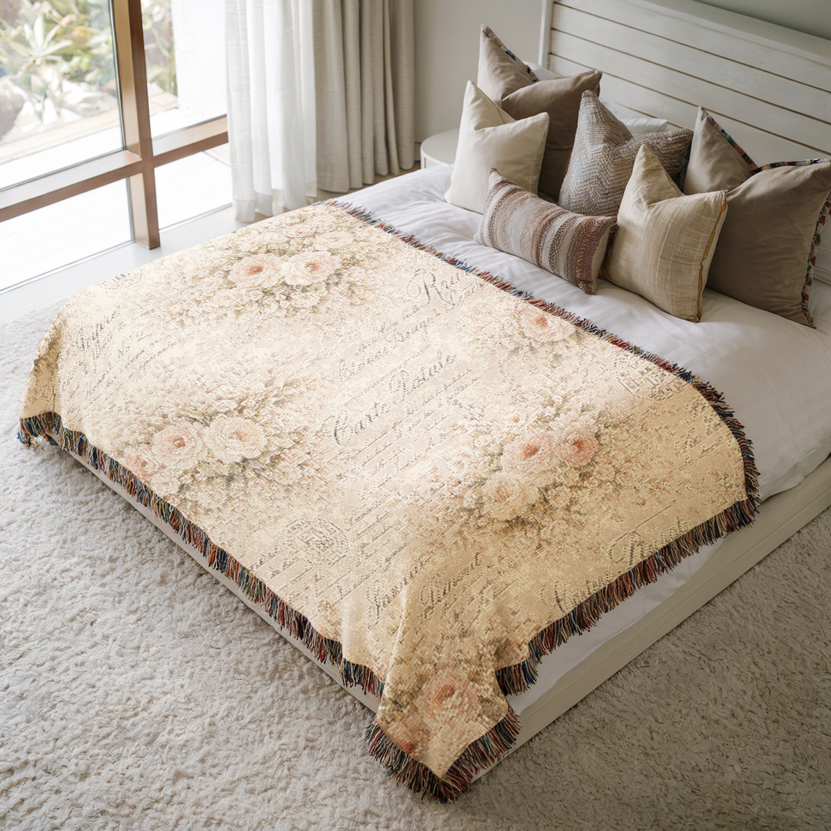 Pink Cream Roses French Script Floral Woven Throw Blanket, French Country Fringed Quilt, Victorian Shabby Chic Tapestry Decor