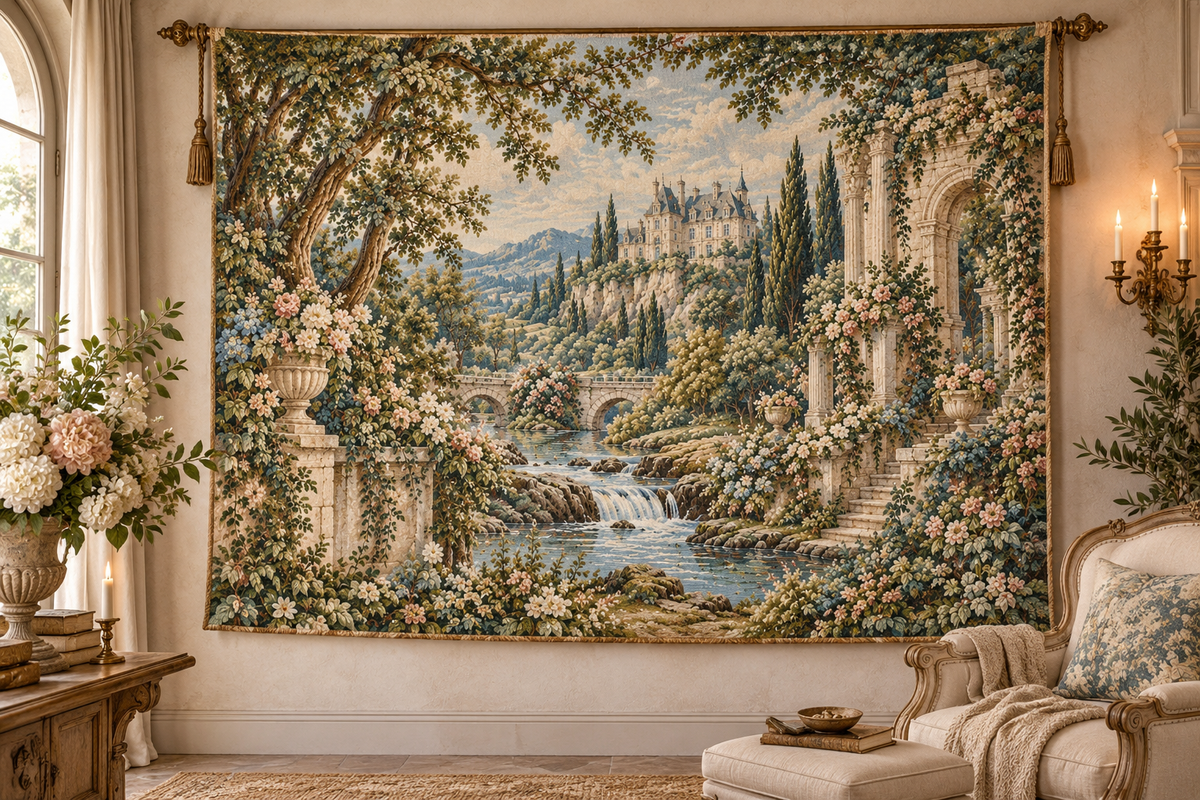 French Verdure Chateau Woven Blanket – Romantic Castle Garden Tapestry Throw, French Country Cottagecore Decor