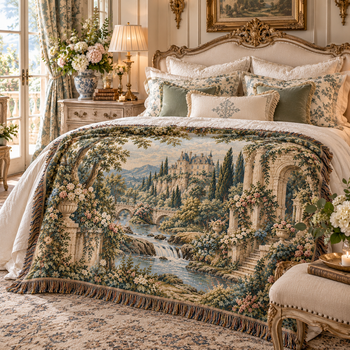 Dusty Blue Hydrangea Chateau Woven Blanket – French Country Garden Tapestry Throw, Romantic Cottagecore Decor
