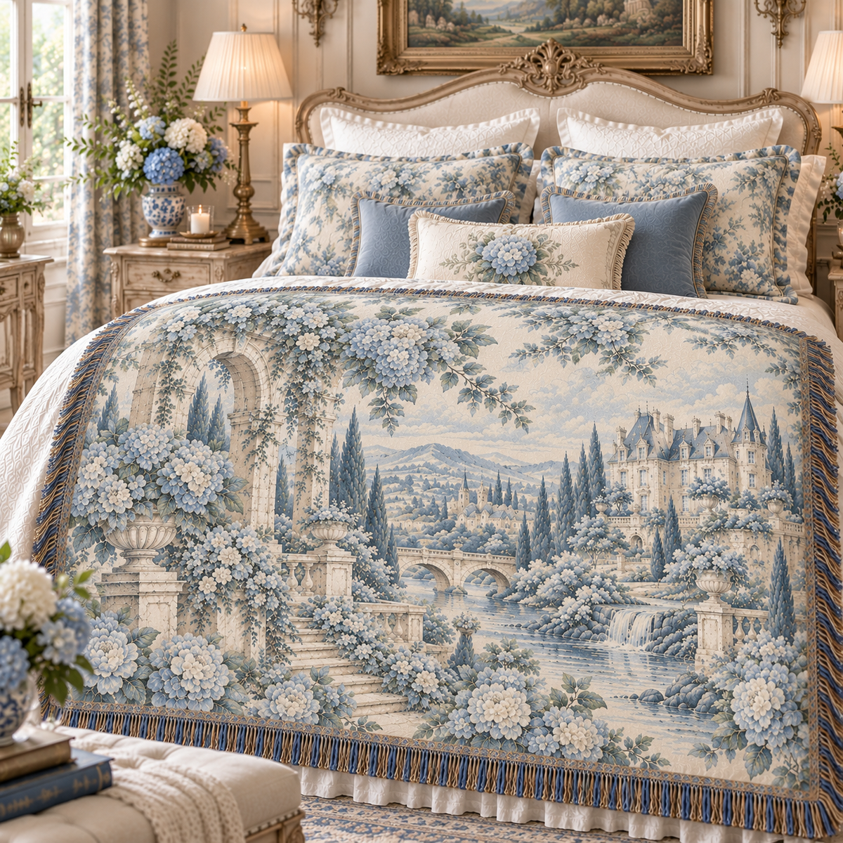 Faded Blue & Ivory Toile de Jouy Chateau Woven Blanket – French Country Tapestry Throw, Romantic Vintage Decor