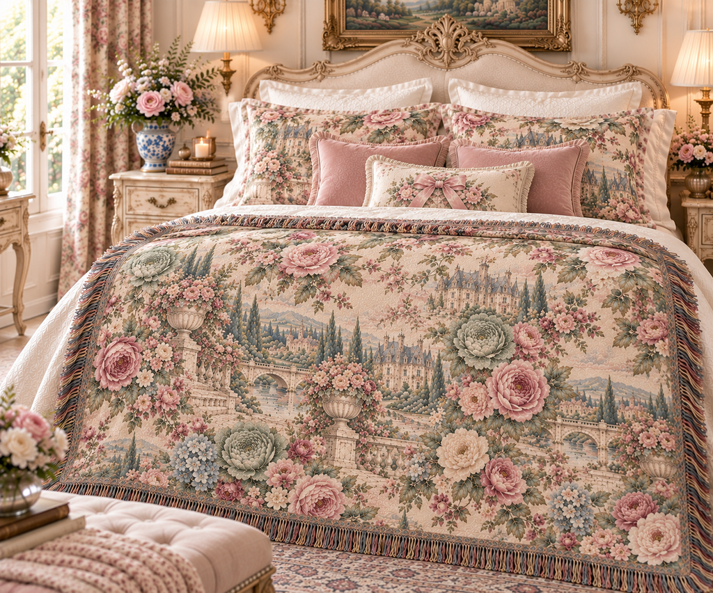 Antique Rose Cabbage Chintz Woven Blanket – French Country Floral Tapestry Throw, Romantic Grandmillennial Decor