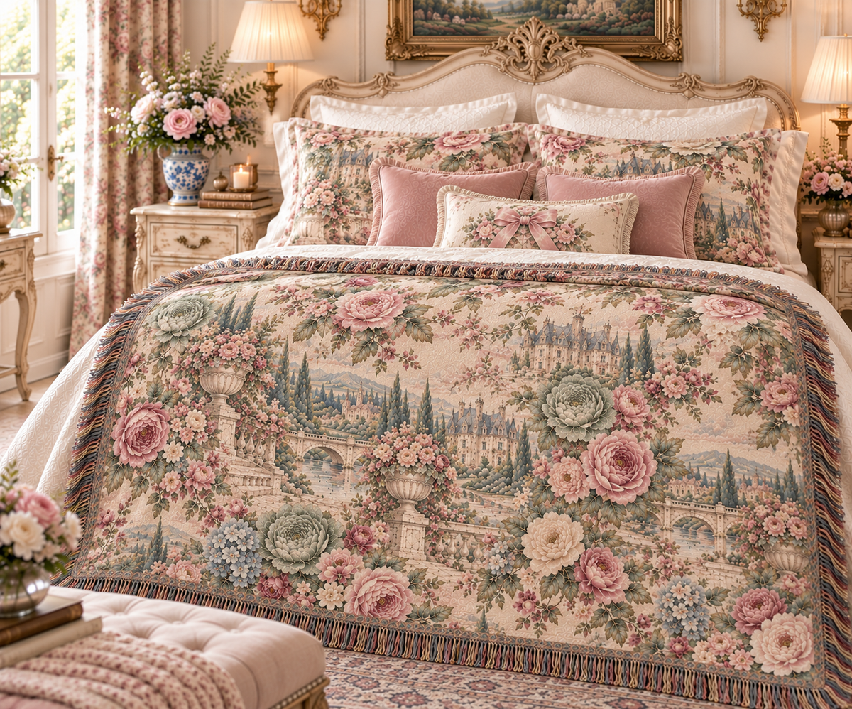 Antique Rose Cabbage Chintz Woven Blanket – French Country Floral Tapestry Throw, Romantic Grandmillennial Decor