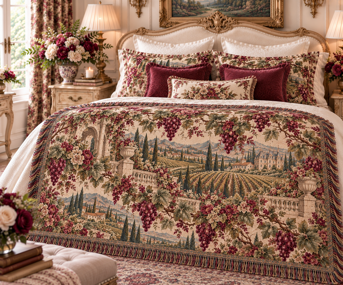 Burgundy French Vineyard Tapestry Woven Blanket – Chateau Garden Throw, Old World French Country Decor
