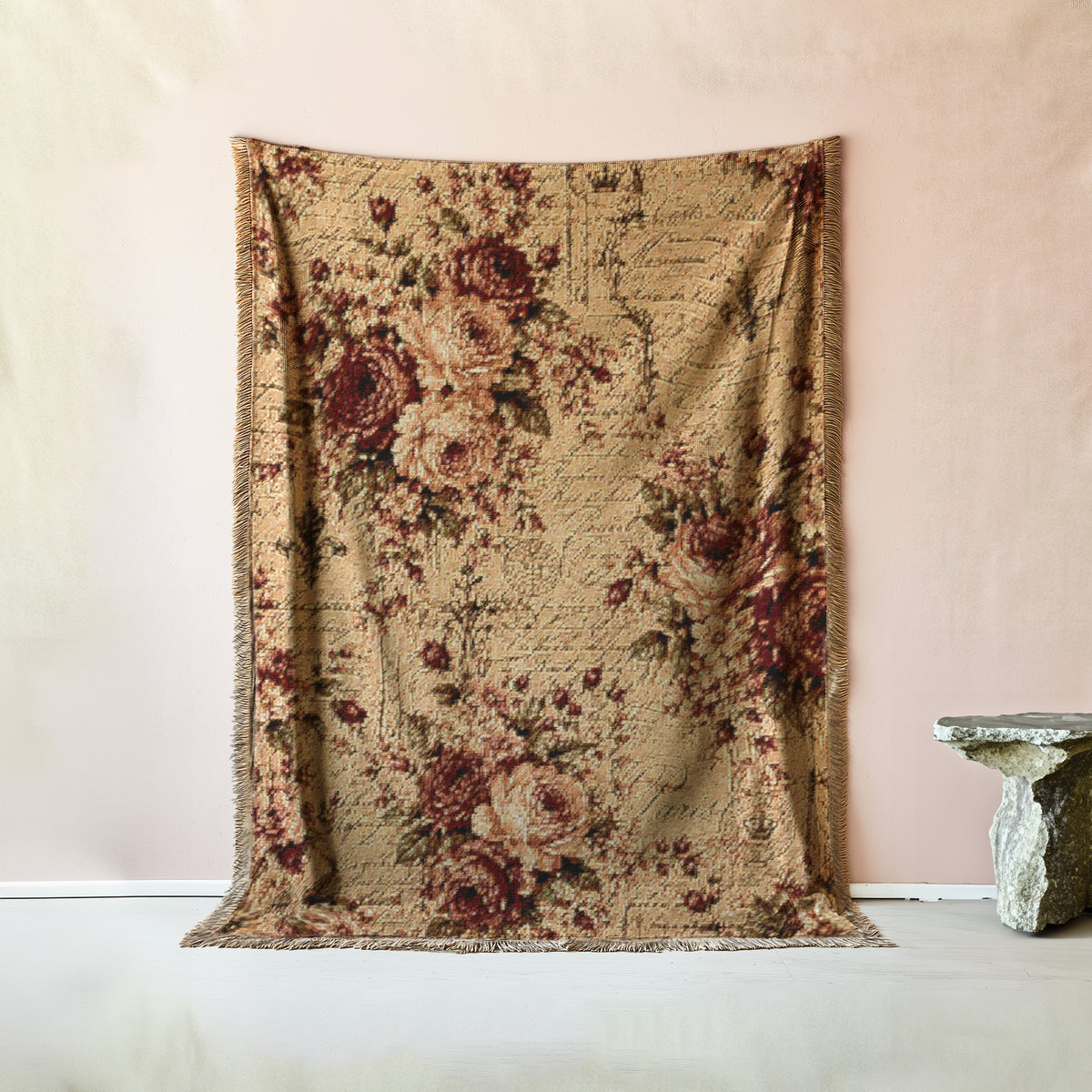 Burgundy Rose French Script Woven Tapestry Blanket – Vintage Chateaucore Floral Throw