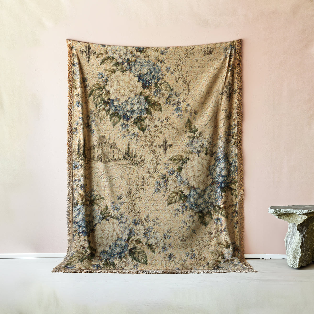 Blue Hydgrangea French Script Woven Throw Blanket – Vintage French Country Heirloom Floral Fringed Quilt, Tapestry Wall Hanging