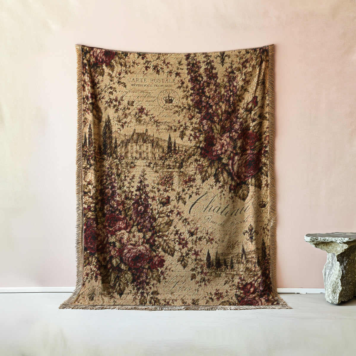 Delphinium French Script Woven Throw Blanket – Merlot Plum Vintage Tapestry Chateaucore Floral Fringed Decorative Quilt