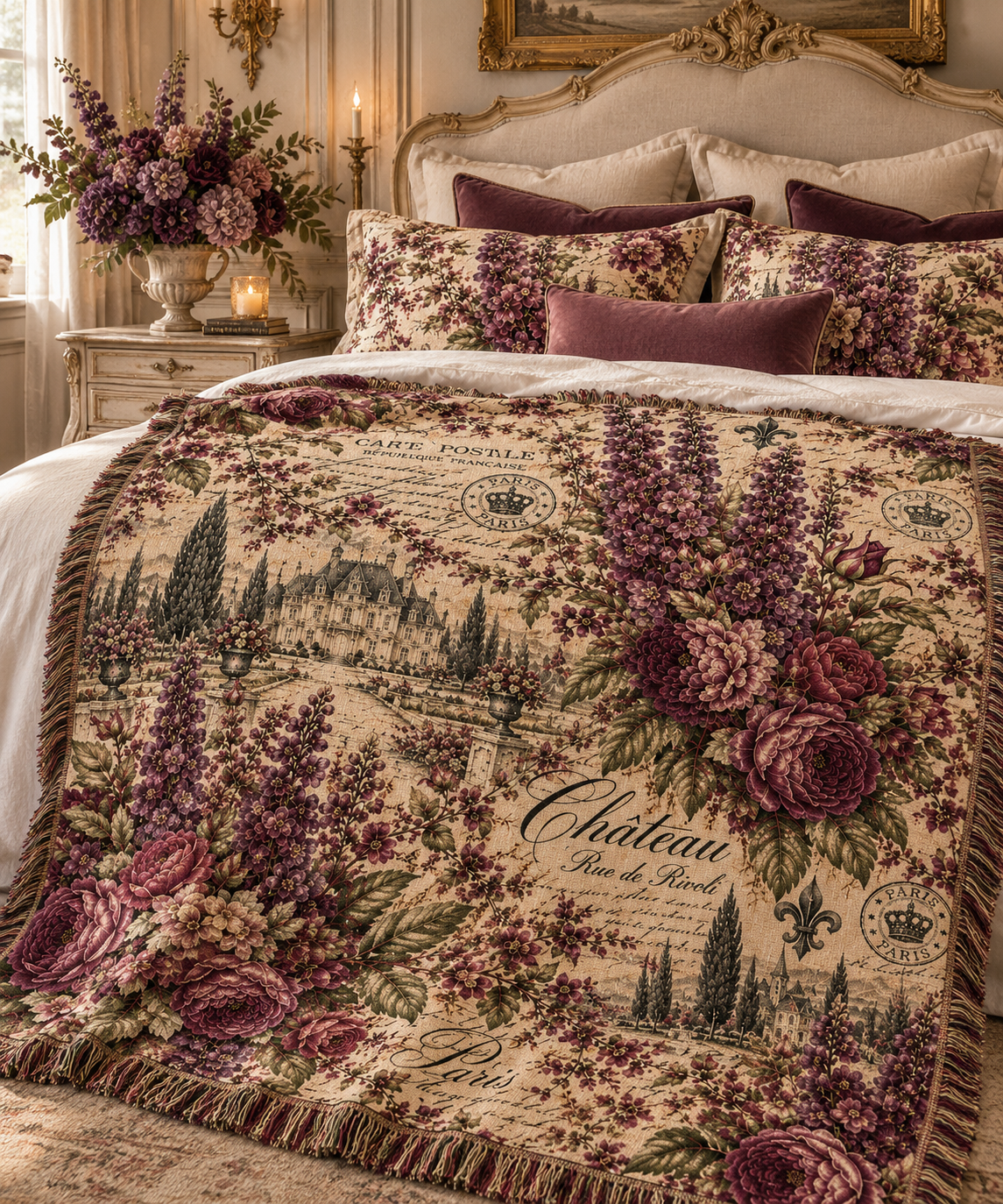 Delphinium French Script Woven Throw Blanket – Merlot Plum Vintage Tapestry Chateaucore Floral Fringed Decorative Quilt