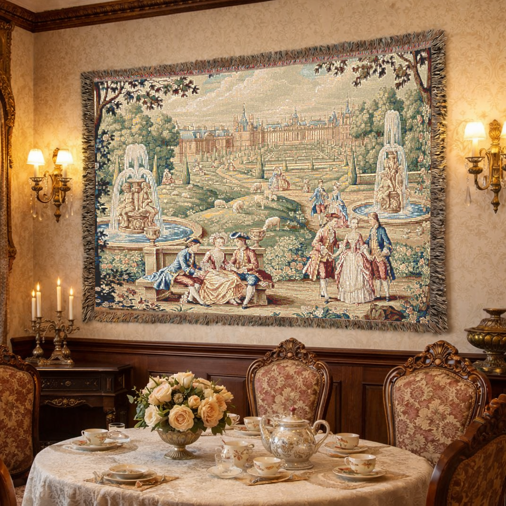 French Chateau Garden Woven Tapestry Blanket – Victorian Rococo Palace Scene, Antique French Country Wall Hanging, Versailles Inspired Home Decor