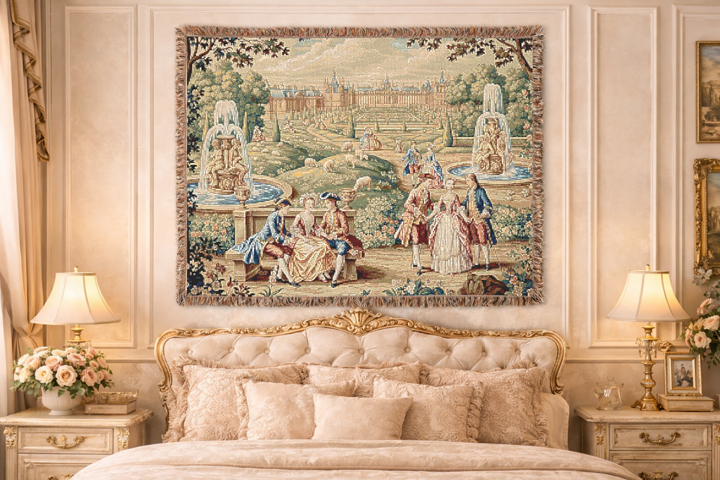French Chateau Garden Woven Tapestry Blanket – Victorian Rococo Palace Scene, Antique French Country Wall Hanging, Versailles Inspired Home Decor