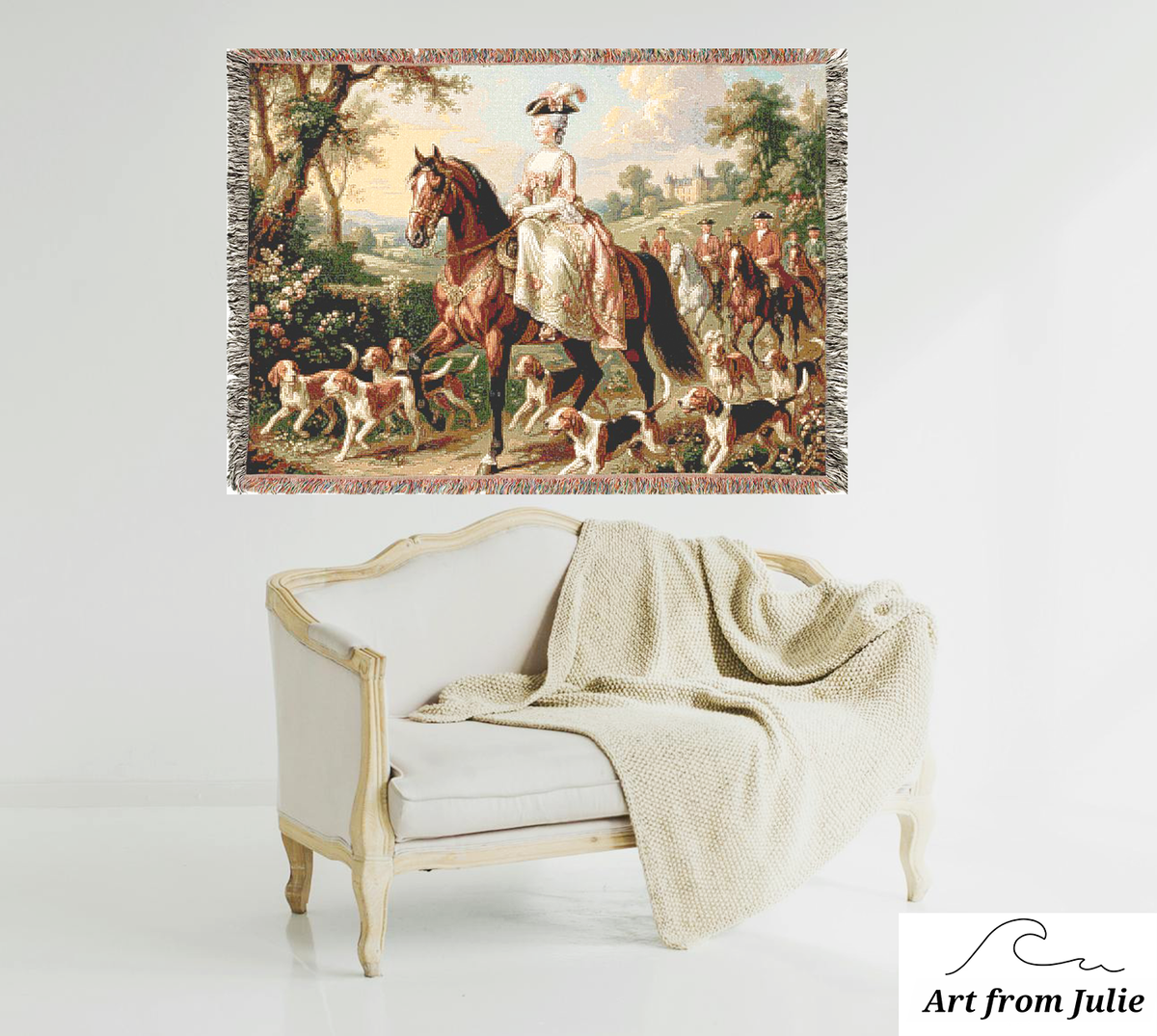 The Chateau Equestrian Hunt Woven Tapestry Blanket – Victorian Horseback Riding Scene, French Country Wall Hanging, English Manor & Grandmillennial Decor