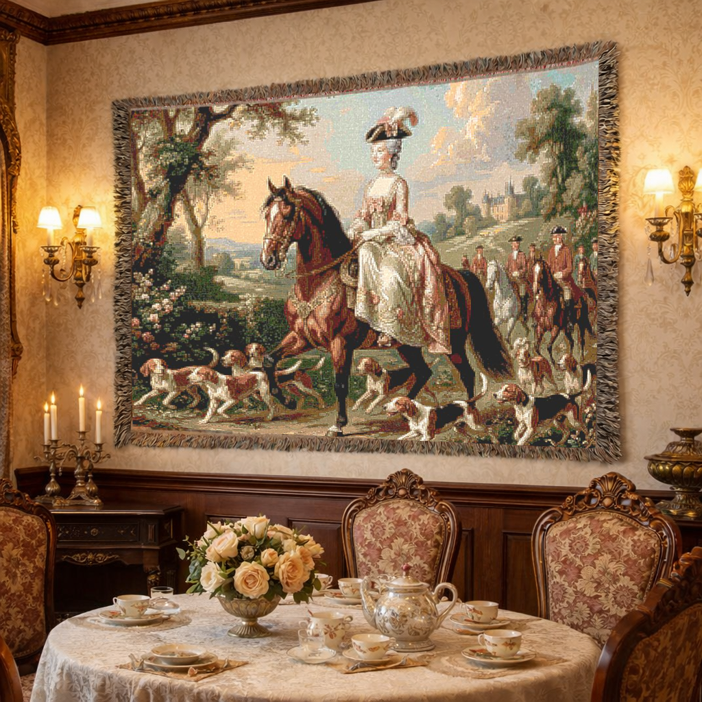 The Chateau Equestrian Hunt Woven Tapestry Blanket – Victorian Horseback Riding Scene, French Country Wall Hanging, English Manor & Grandmillennial Decor