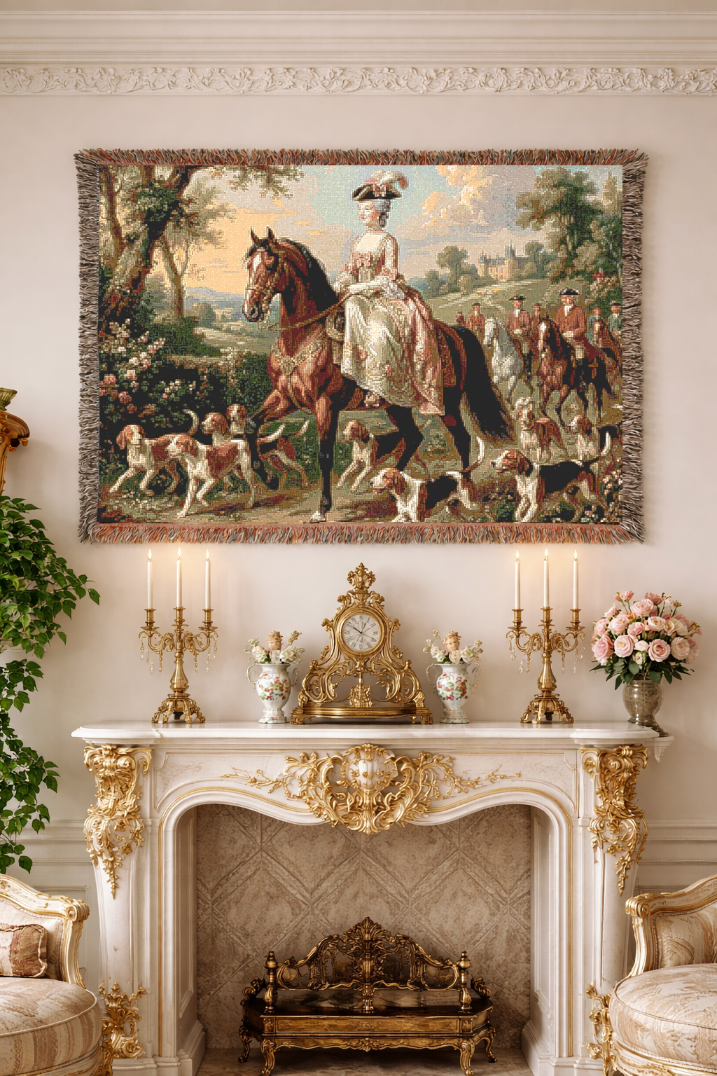 The Chateau Equestrian Hunt Woven Tapestry Blanket – Victorian Horseback Riding Scene, French Country Wall Hanging, English Manor & Grandmillennial Decor