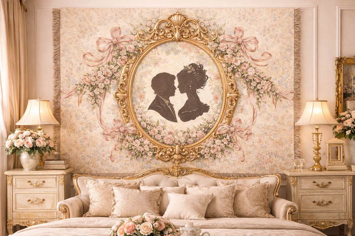 Personalized Victorian Couple Silhouette Woven Tapestry Blanket – Custom Names, Romantic Wedding Keepsake, French Chateau Anniversary Gift, Vintage Floral Wall Hanging
