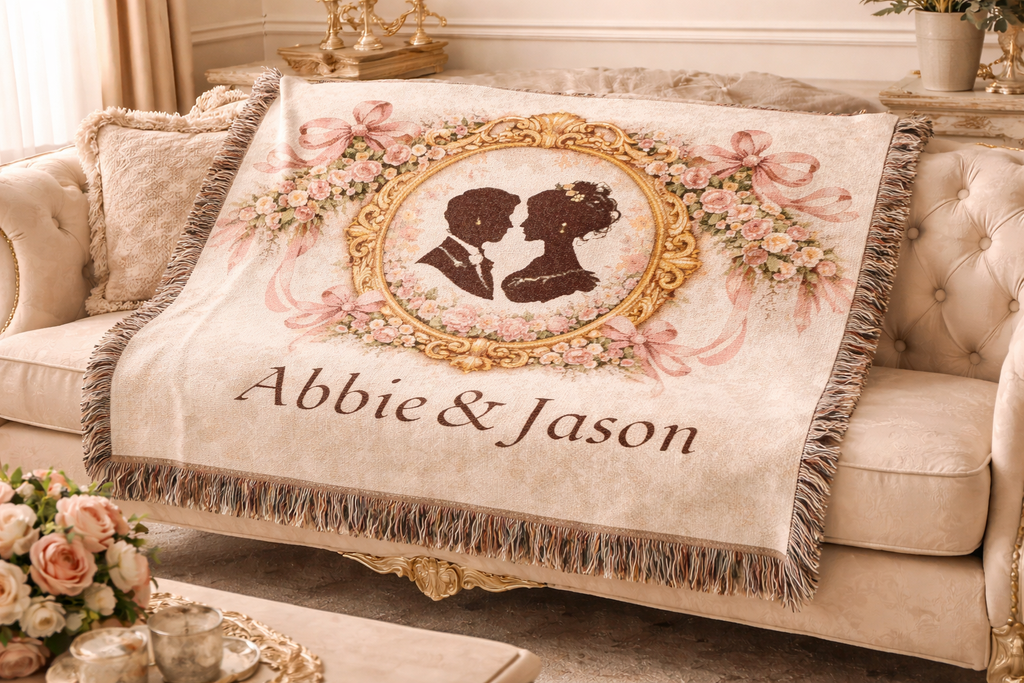 Personalized Victorian Couple Silhouette Woven Tapestry Blanket – Custom Names, Romantic Wedding Keepsake, French Chateau Anniversary Gift, Vintage Floral Wall Hanging