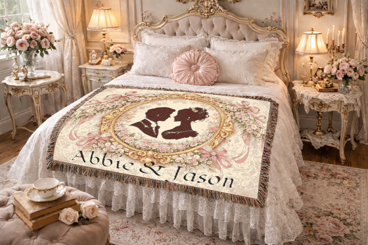 Personalized Victorian Couple Silhouette Woven Tapestry Blanket – Custom Names, Romantic Wedding Keepsake, French Chateau Anniversary Gift, Vintage Floral Wall Hanging