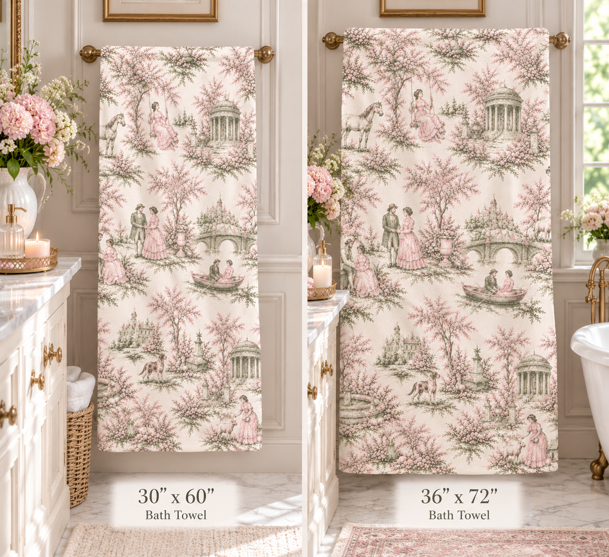 Vintage Sage and Pink Toile de Jouy Large Bath Towel, Oversized French Country Bath Sheet, Grandmillennial Shabby Chic Beach Towel