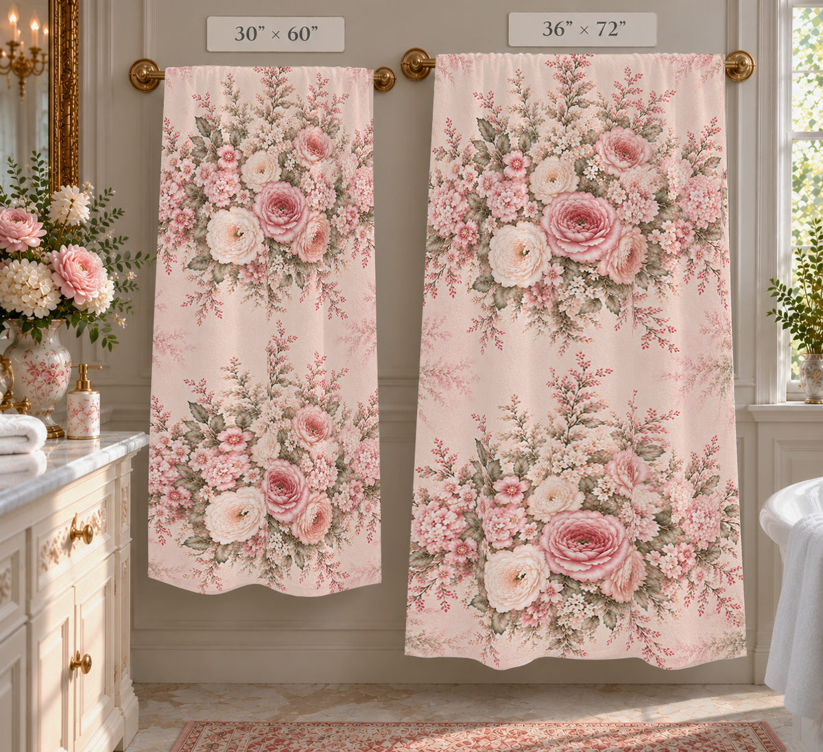 Two floral large bath towels  hanging in a bathroom setting, featuring a vintage-style pink rose and floral print on a light blush background. One curtain is labeled 30" x 60" and the other 36" x 72".