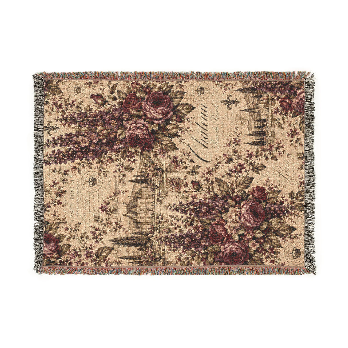 Delphinium French Script Woven Throw Blanket – Merlot Plum Vintage Tapestry Chateaucore Floral Fringed Decorative Quilt