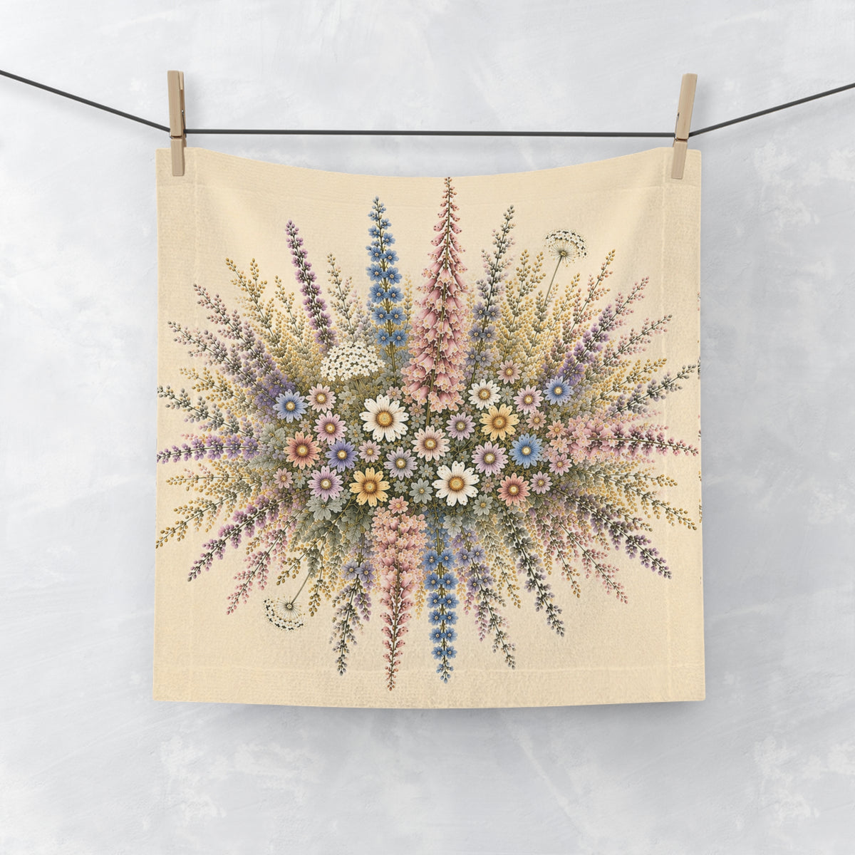 Wildflower Washcloth, Cottagecore Bathroom Face Wash Cloth, Botanical Floral, Pink Foxglove & Blue Delphinium English Garden French Country