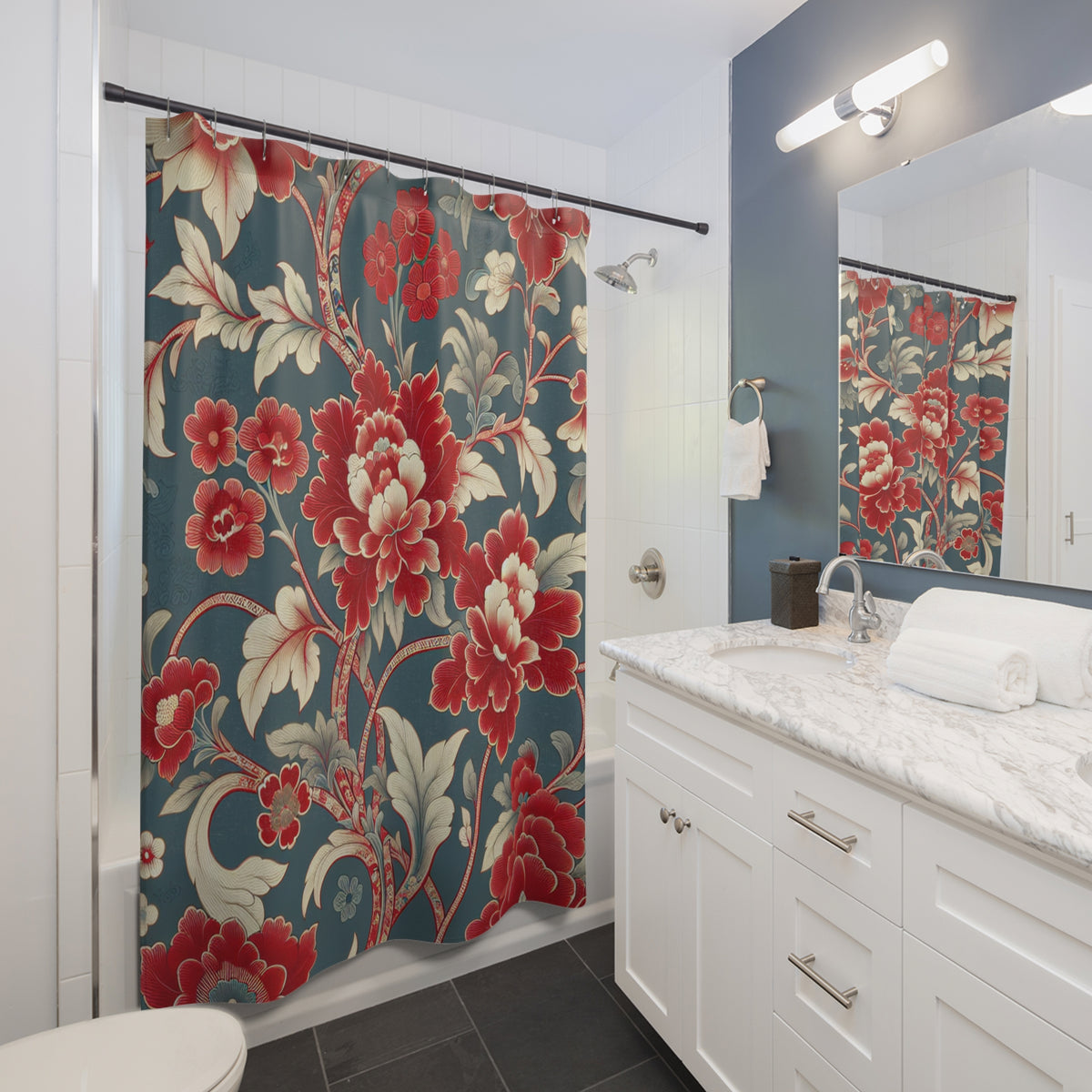 Red Green Floral Chinoiserie Floral Fabric Shower Curtain Victorian Bathroom Vintage Country Cottage Shabby Chic Housewarming Gift