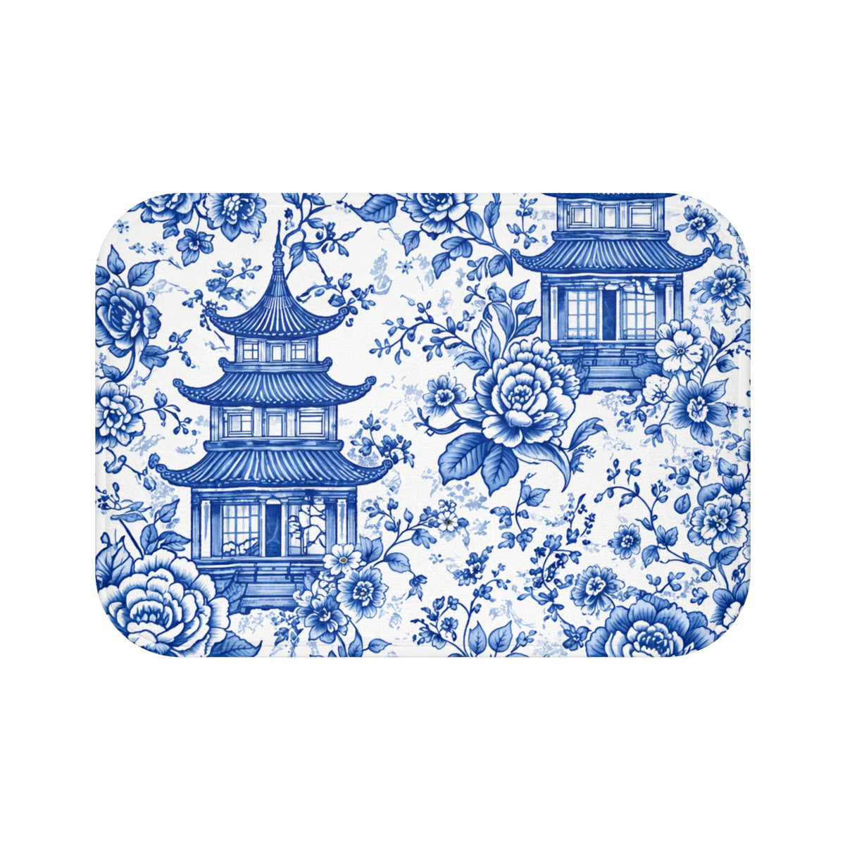Blue White Chinoiserie Pagoda Memory Foam Bathmat, Floral Asian Toile Bathroom Rug, Ornate Grandmillennial French Country Decor