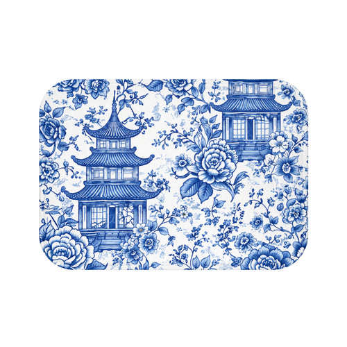 Blue White Chinoiserie Pagoda Memory Foam Bathmat, Floral Asian Toile Bathroom Rug, Ornate Grandmillennial French Country Decor
