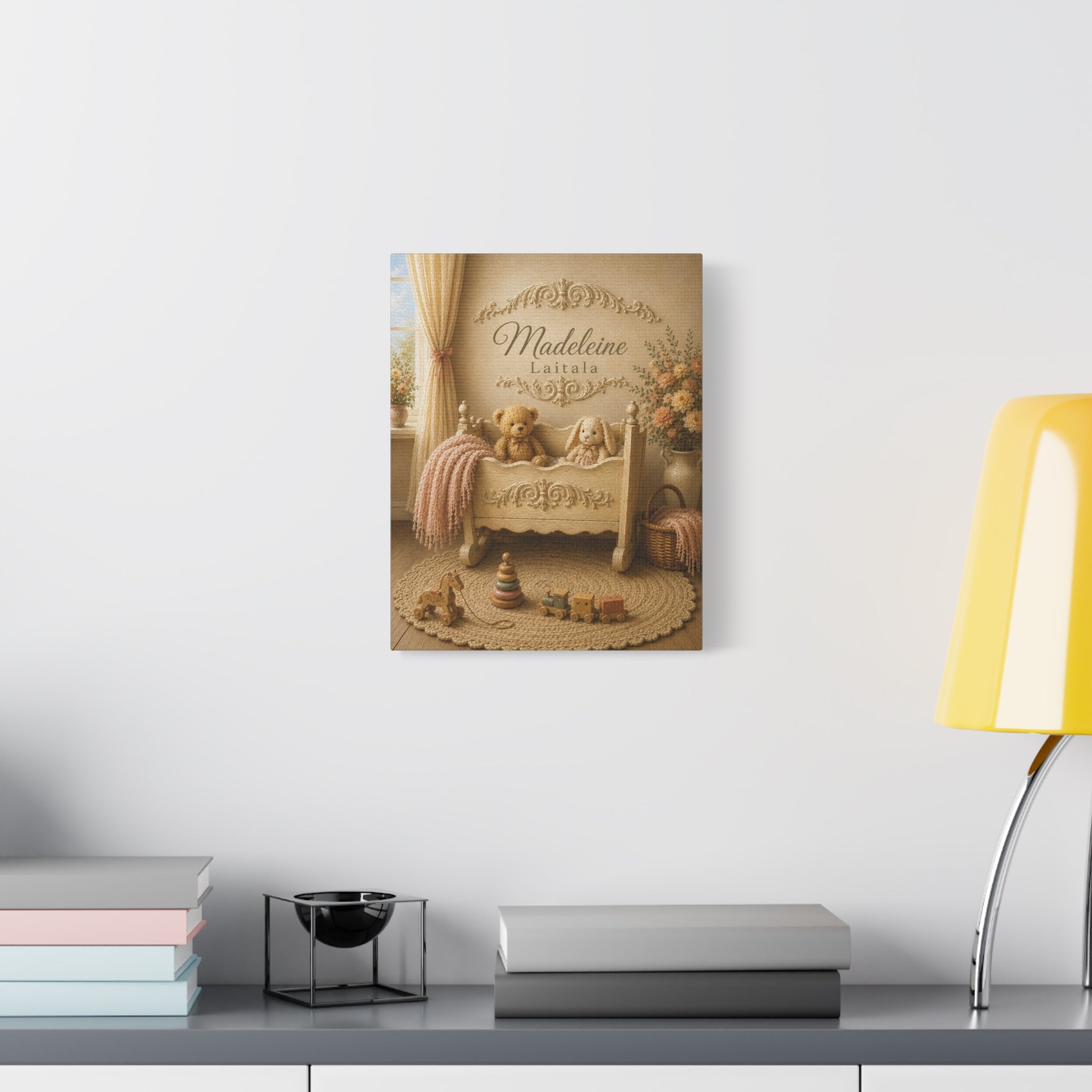 Personalized Nursery Canvas Wall Hanging – Vintage Cradle Toys Custom Name Baby Room Wall Art - Ready to Hang - Baby Shower Gift