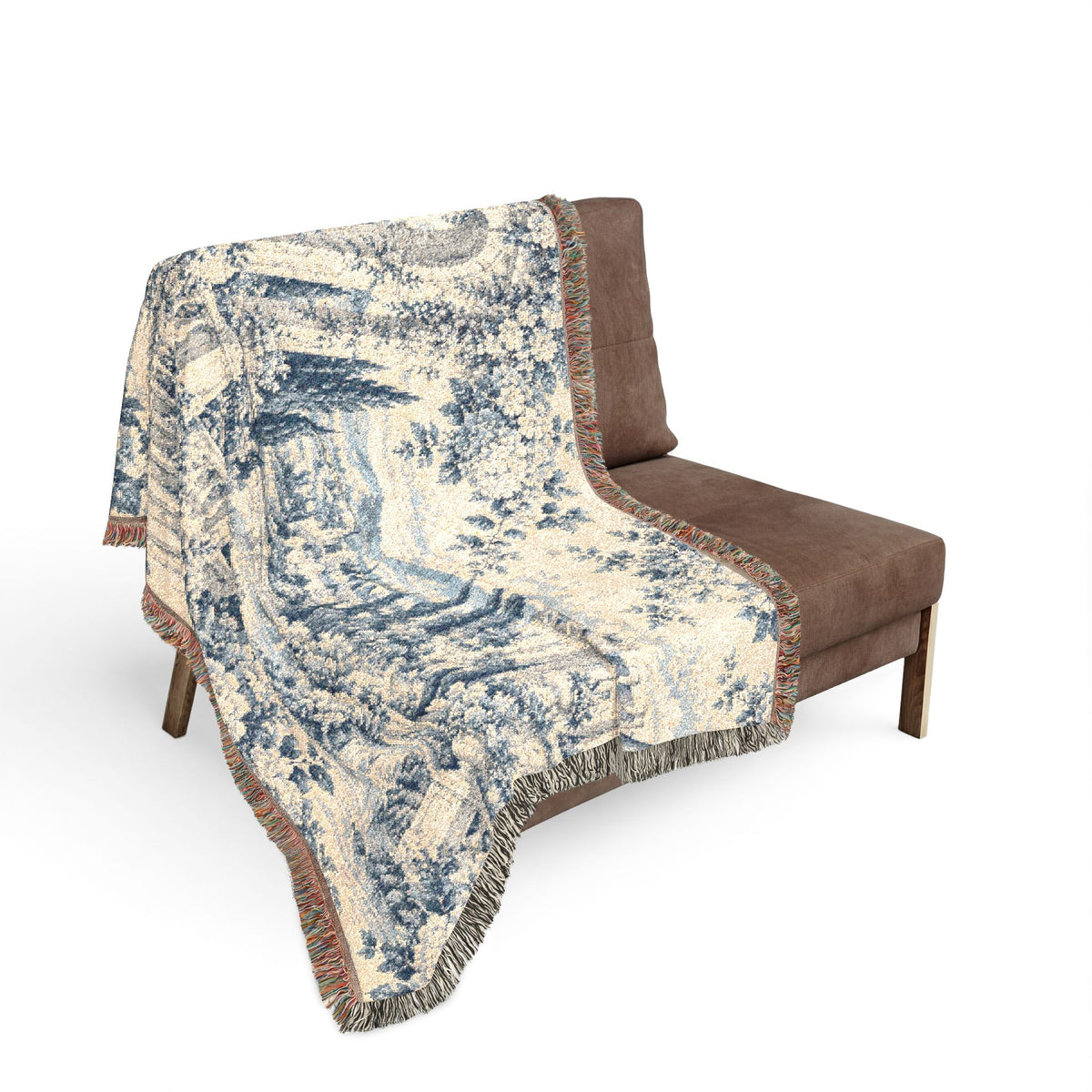 Faded Blue & Ivory Toile de Jouy Chateau Woven Blanket – French Country Tapestry Throw, Romantic Vintage Decor
