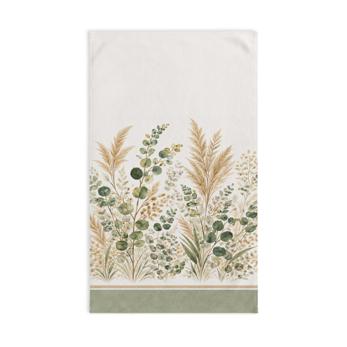 Eucalyptus & Pampas Grass Hand Towel – Sage Green Botanical Spa Towel, Neutral French Country Cottage Bathroom Decor
