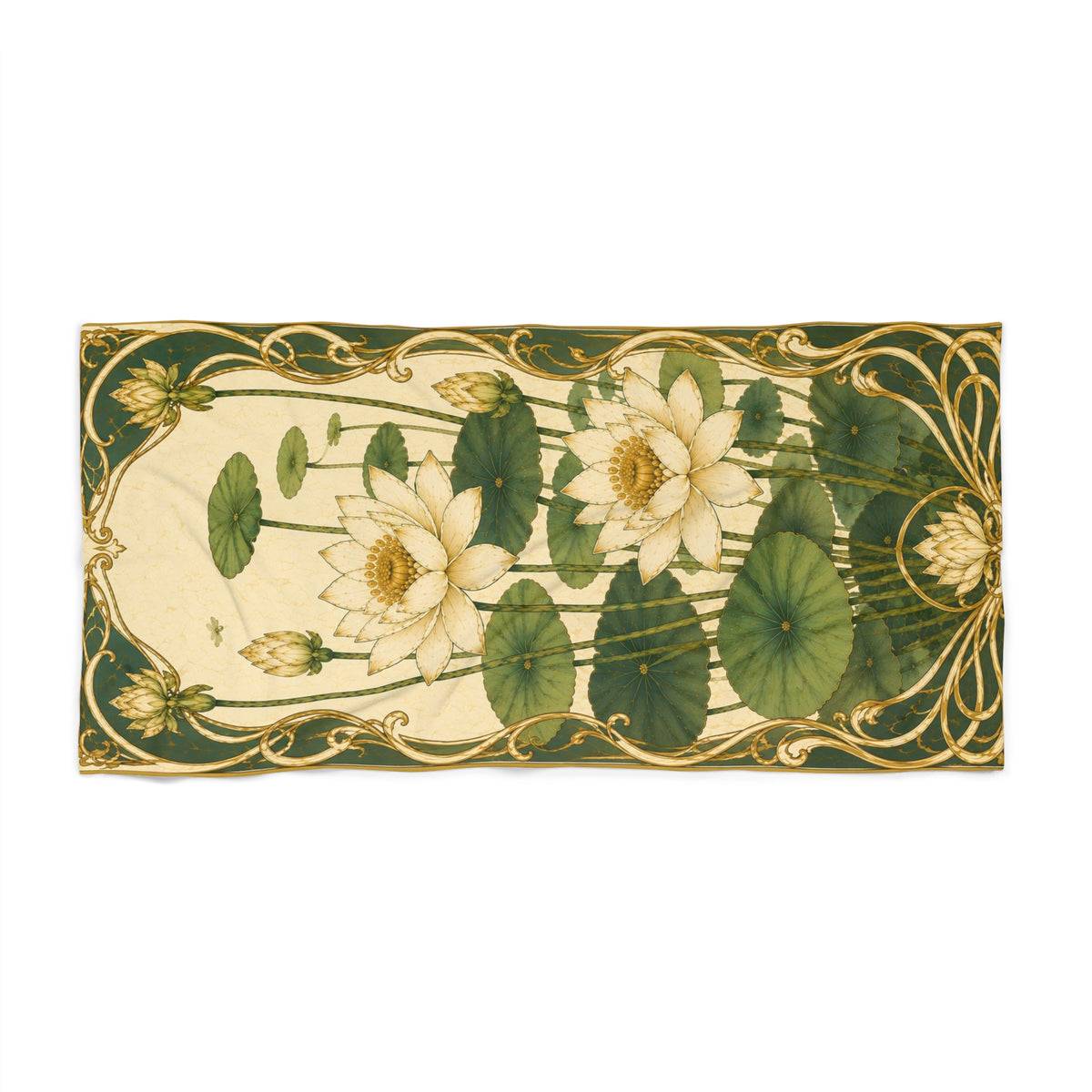 Art Nouveau Water Lily Large Bath Towel, Vintage Botanical Floral Bath Sheet Bathroom Decor, French Country Chateaucore Green Ivory