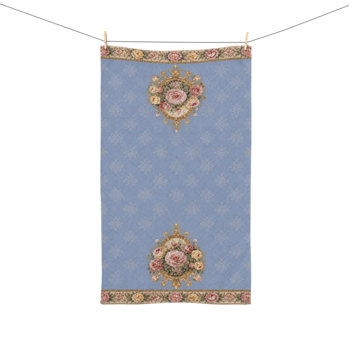 Dusty Blue Blush Rose Hand Towel, French Country Chateaucore Floral Towel, Vintage Victorian Shabby Chic Rococo Bathroom Decor
