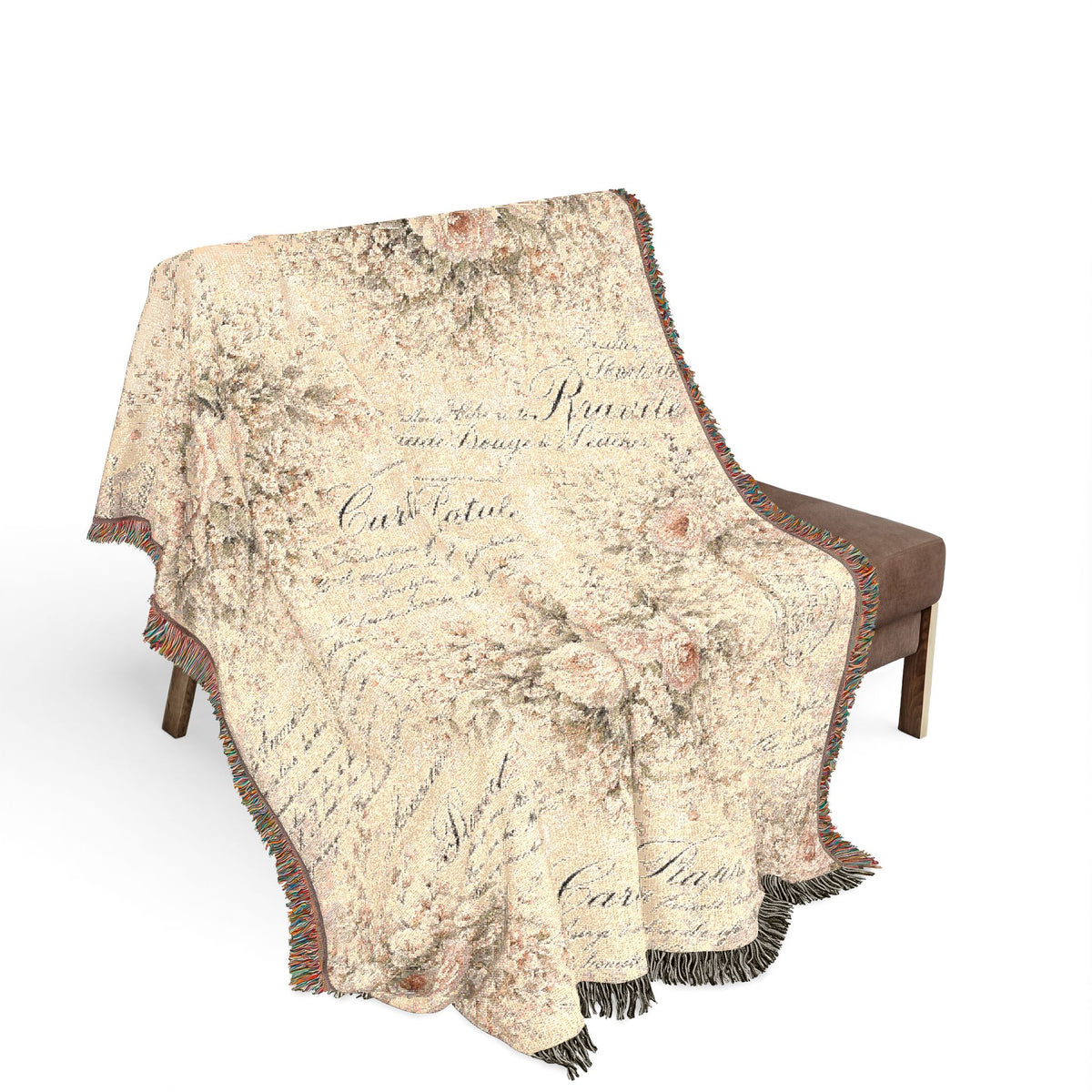 Pink Cream Roses French Script Floral Woven Throw Blanket, French Country Fringed Quilt, Victorian Shabby Chic Tapestry Decor