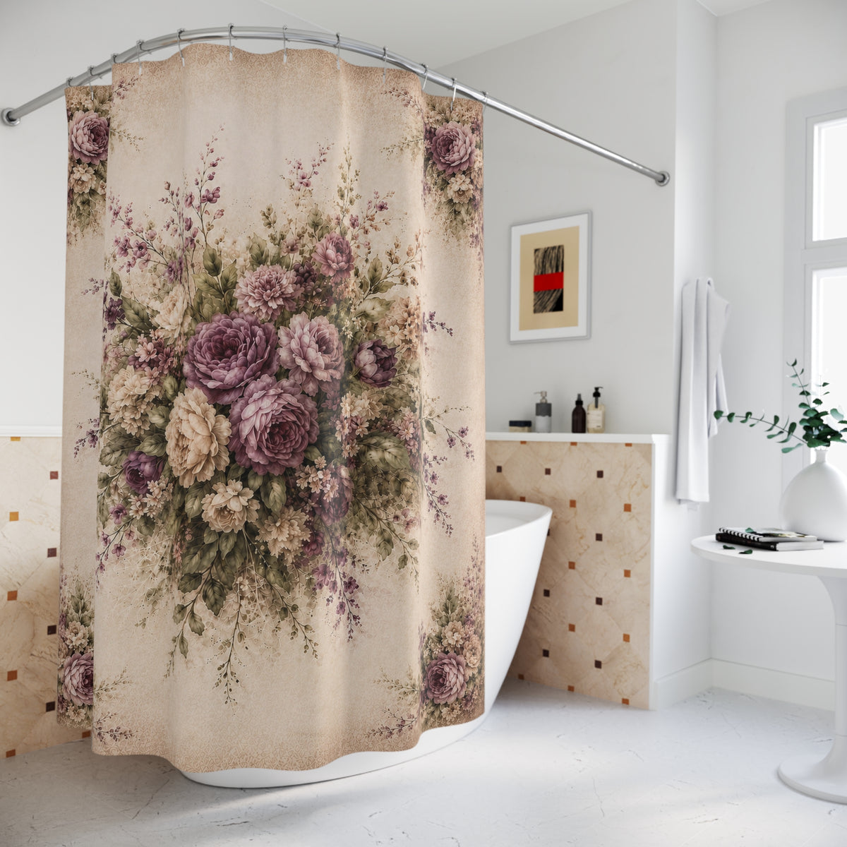 Chateaucore Muted Plum Roses Floral Fabric Shower Curtain, Victorian Bathroom Decor, French Country Cottage, Shabby Chic Bath