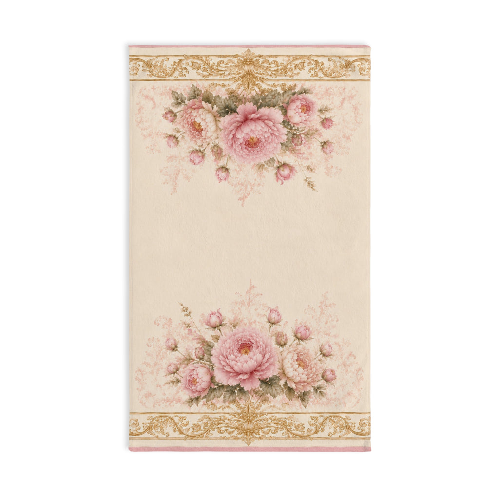 Victorian Pink Peony Hand Towel – Antique Gold Floral Rococo French Country Ornate Baroque Chateaucore Bathroom Decor