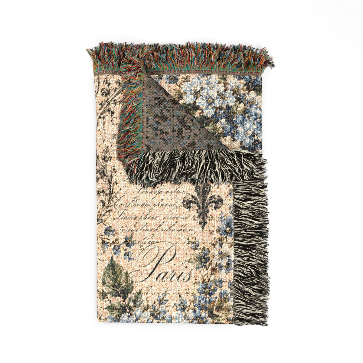Blue Hydgrangea French Script Woven Throw Blanket – Vintage French Country Heirloom Floral Fringed Quilt, Tapestry Wall Hanging
