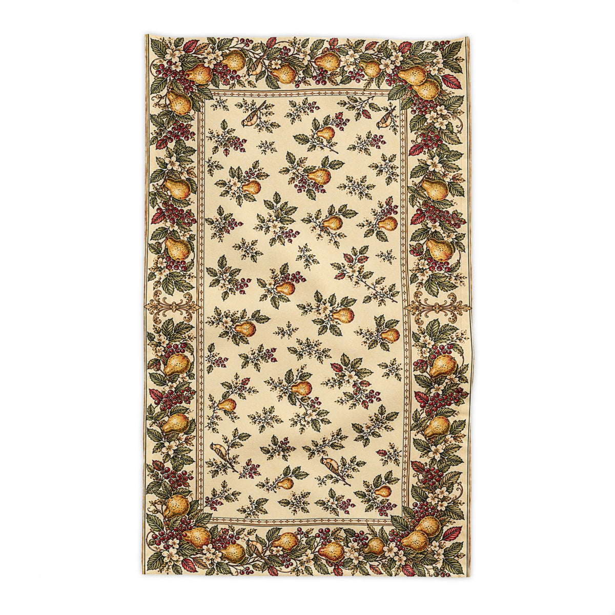 French Pear Orchard Tablecloth Dining Linen Botanical Border with Golden Pears, Victorian Burgundy Berries & Songbirds