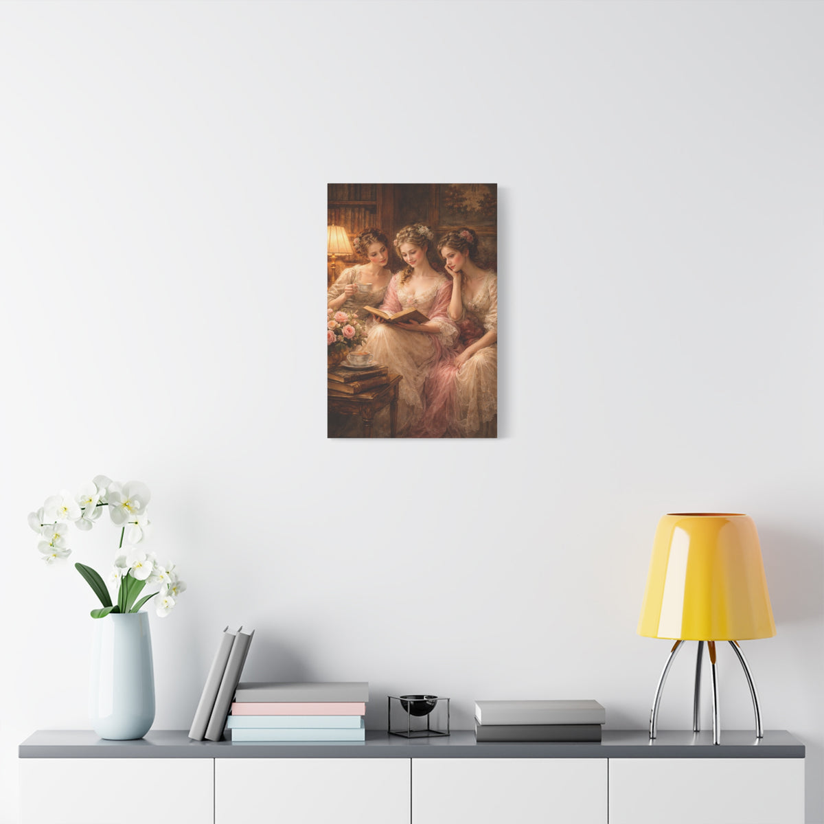 Victorian Pink Ladies Reading Nook Roses Canvas Wall Art Print, Women Wall Hanging Decor, Vintage Bookish Lady, Bedroom Decor, Gift for Her