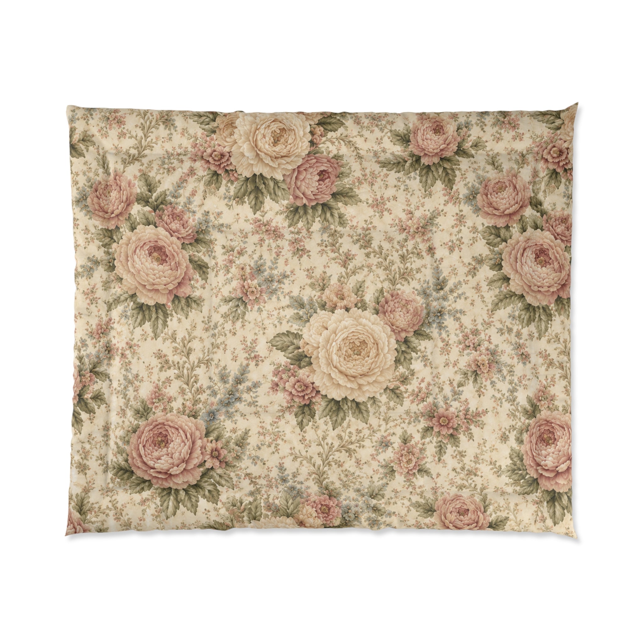 Blush Garden Peony Vintage Floral Comforter Bedding Shabby Chic Victorian Cottagecore Queen King Twin Size Decor Wedding Bed Spread Gift