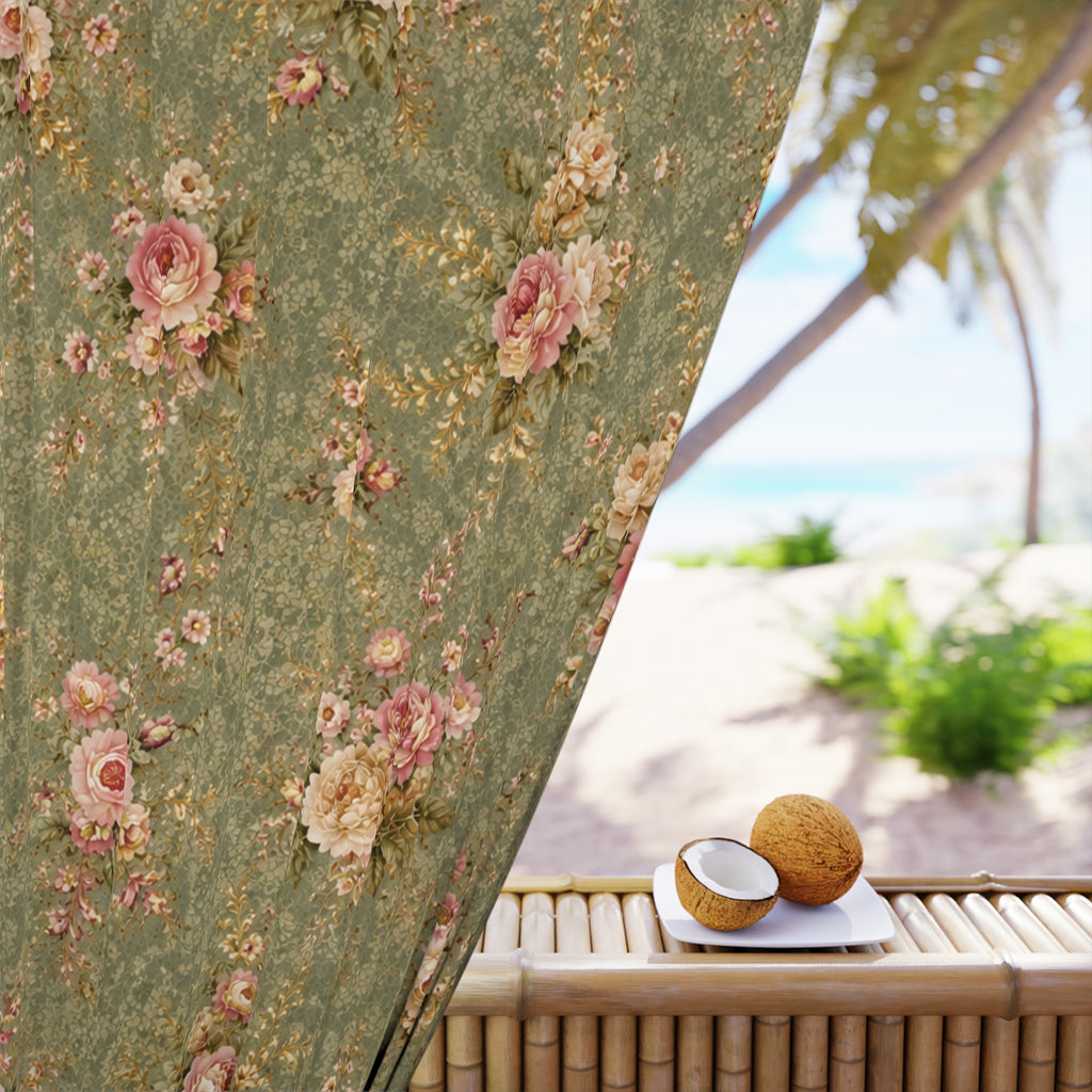 Victorian Sage Gold Pink Floral Rose Pattern Long Black Out Curtains, Chateaucore French Country Green Rose Window Curtains