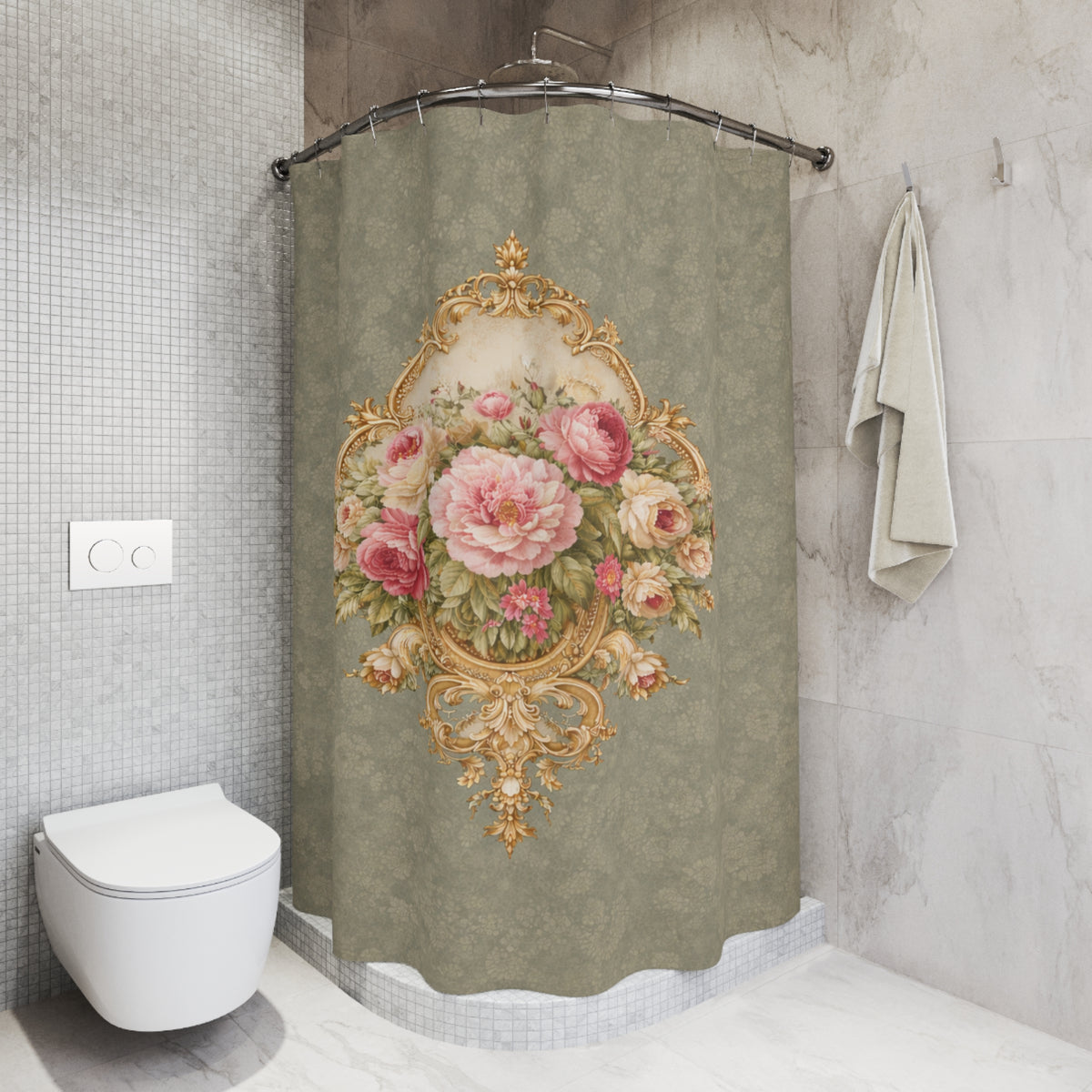 Green Pink Gold Rose Floral Shower Curtain, Victorian Bathroom Decor Vintage French Country Cottage Shabby Chic Home, Housewarming Gift