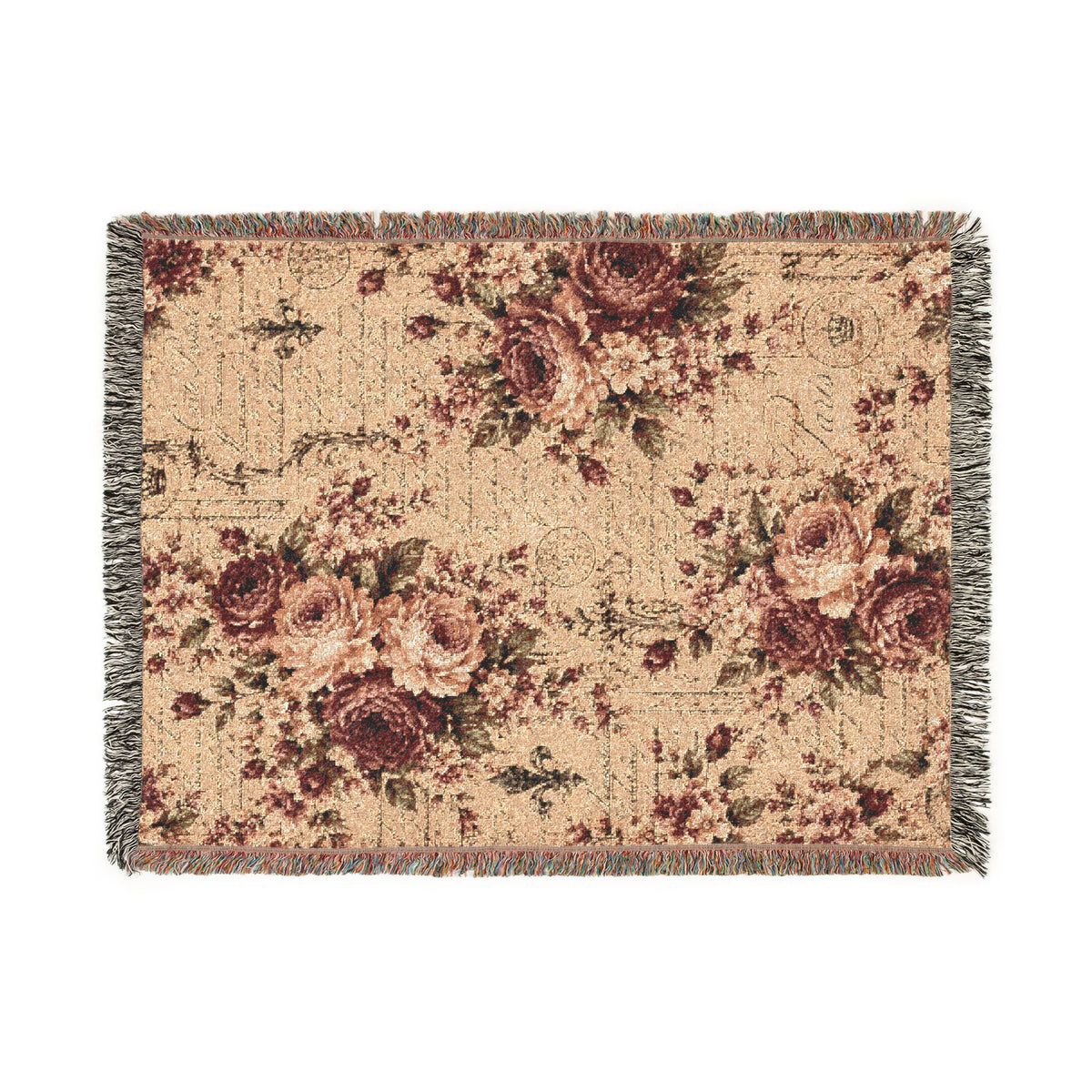 Burgundy Rose French Script Woven Tapestry Blanket – Vintage Chateaucore Floral Throw