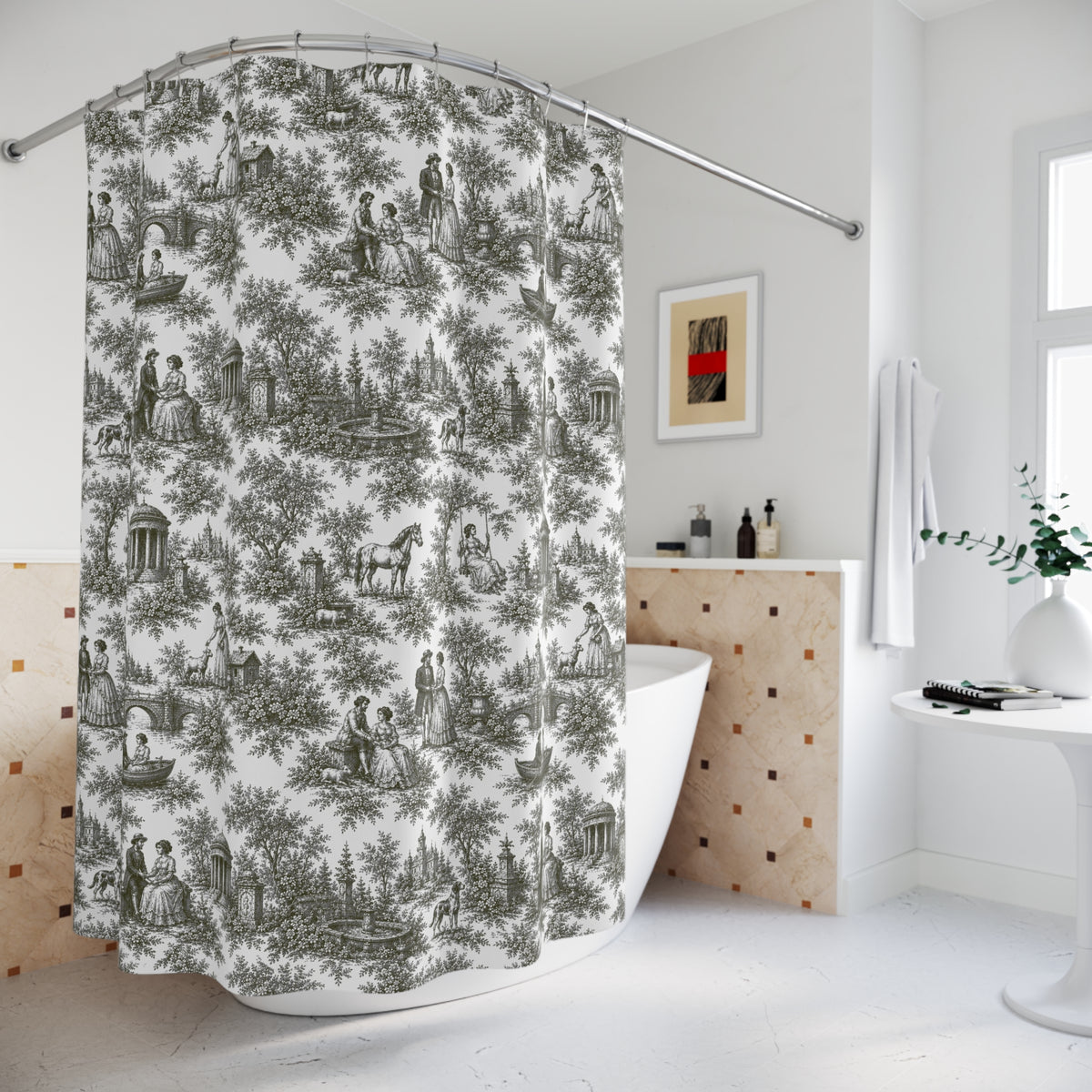 Black French Toil Floral Shower Curtain, Victorian Bathroom Decor, Vintage Country Cottage, Shabby Chic, Farmhouse Style, Housewarming Gift