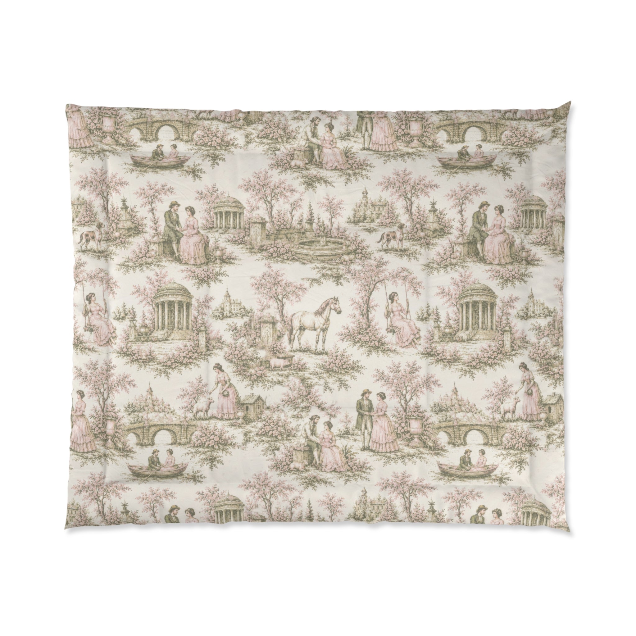Rare Pink and Sage Toile de Joy Comforter Set, Chateaucore Floral Vintage Style Bedding Shabby Chic Victorian Queen King Twin Size French Bed Spread