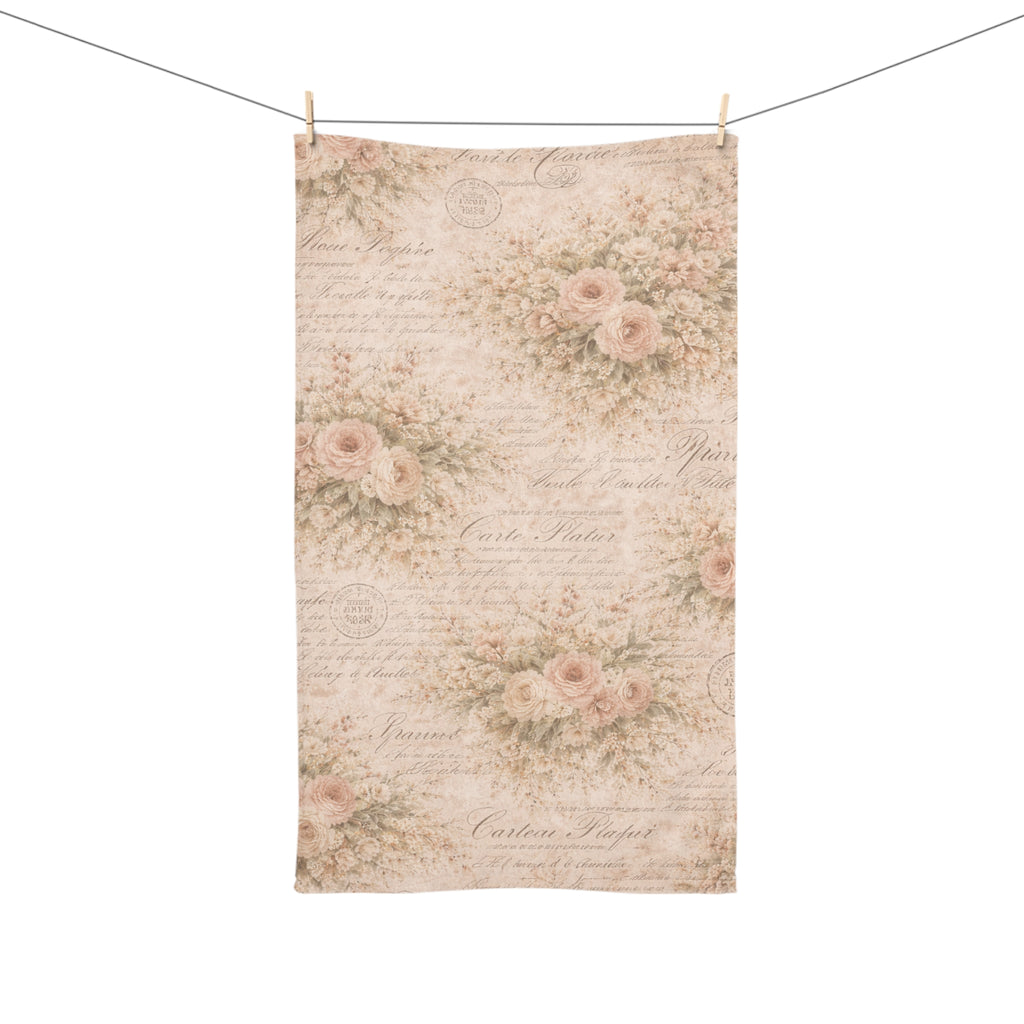 Blush Pink Rose & French Script 5-Piece Bathroom Bundle, Shower Curtain, Memory Foam Bath Mat & Towel Set, French Country Chateaucore Decor