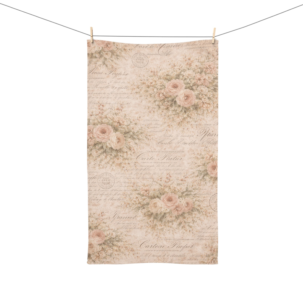 Blush Pink Rose & French Script 5-Piece Bathroom Bundle, Shower Curtain, Memory Foam Bath Mat & Towel Set, French Country Chateaucore Decor