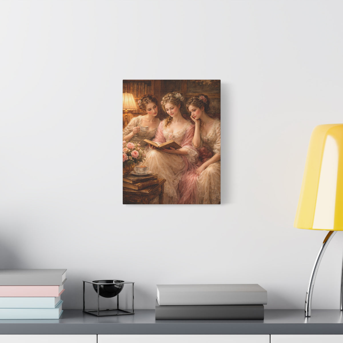 Victorian Pink Ladies Reading Nook Roses Canvas Wall Art Print, Women Wall Hanging Decor, Vintage Bookish Lady, Bedroom Decor, Gift for Her
