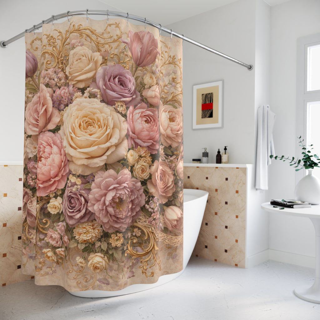 Rococo Pink Roses Floral Gold Baroque Shower Curtain, Victorian Bathroom Decor, French Country, Shabby Chic, Housewarming Wedding Gift