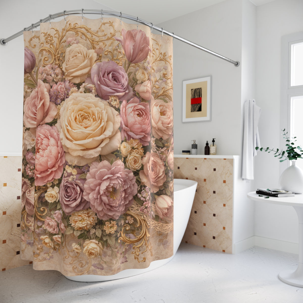 Rococo Pink Roses Floral Gold Baroque Shower Curtain, Victorian Bathroom Decor, French Country, Shabby Chic, Housewarming Wedding Gift