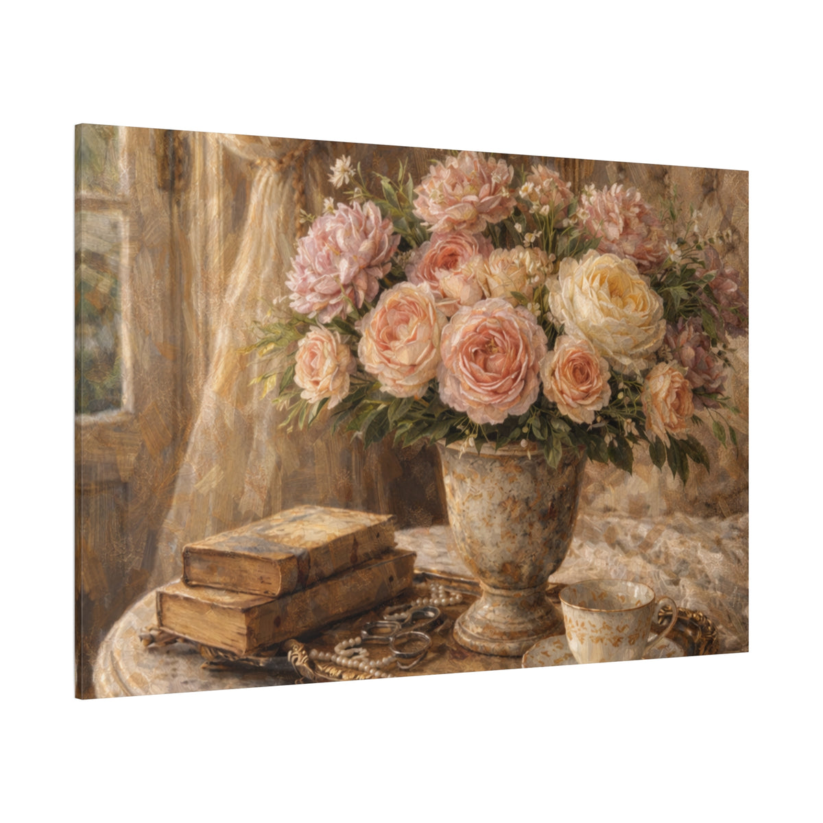 French Country Books Roses Canvas Wall Art Print, Chateaucore Floral Wall Hanging Decor, Victorian Romantic Home Decor, Gift Mom Grandma