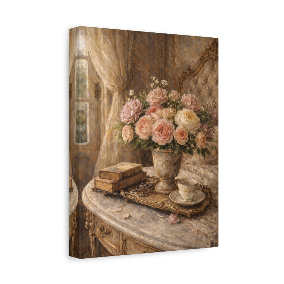French Country Books Roses Canvas Wall Art Print, Chateaucore Floral Wall Hanging Decor, Victorian Romantic Home Decor, Gift Mom Grandma